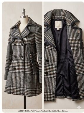 Arden B Office Siren Y2K Glen Plaid Peplum Fitted Pea Coat sz S